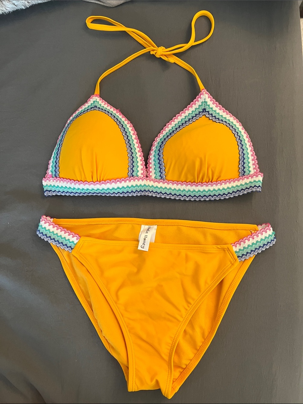 Yellow Bikini with Multicolor Crochet Trim